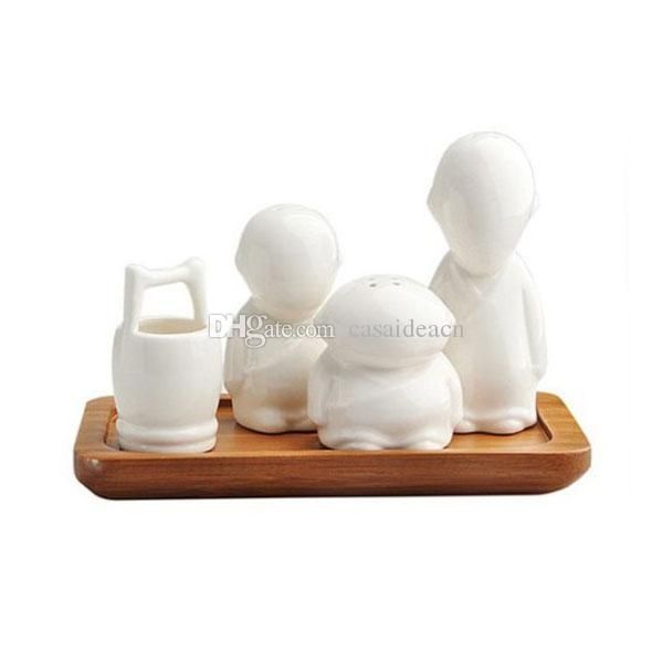 

three monks seasoning set with white ceramic salt pepper spice shaker tootpick holder bucket and bamboo tray buddhist gifts