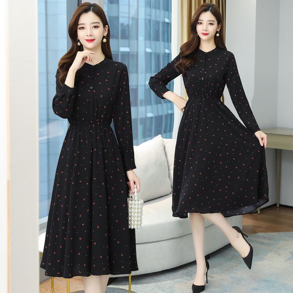 

autumn winter black vintage shirt midi dress plus size long sleeve chiffon boho dresses 2020 women elegant party bodycon vestido, Black;gray