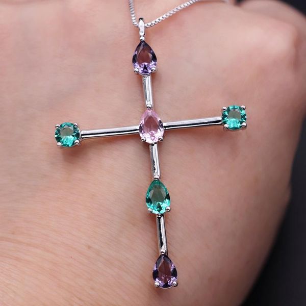 

charm cross pendants necklace multi color clear natural crystal glass stone for women green cz chain necklaces fashion jewelry, Silver
