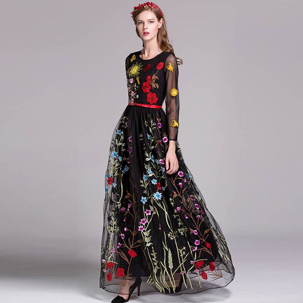

2019 women's o neck 3/4 sleeves floral embroidery layered elegant party prom long runway dresses, Black