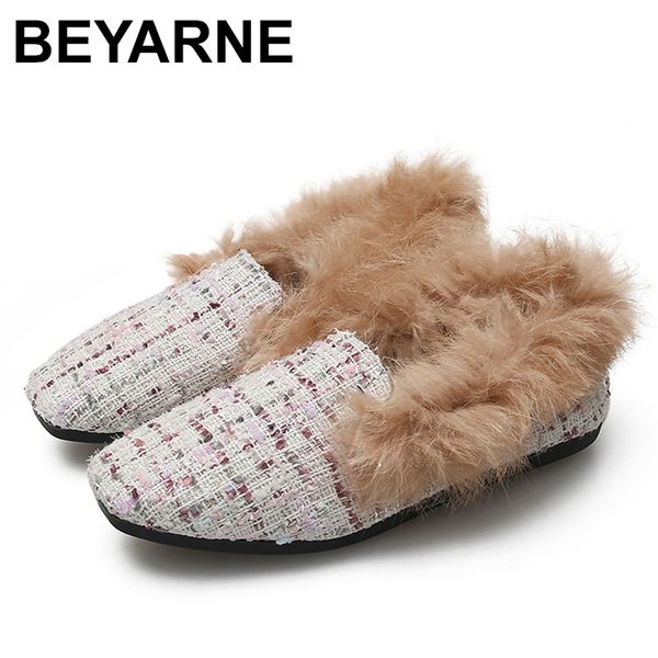 

beyarneautumn plus size shoes woman flat dress women leather loafers large size fall boat new winter furry mule flat loafers wom, Black