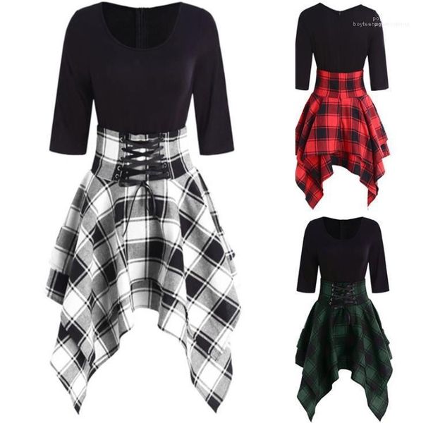 

autumn fall women dress plaids scotland designer irregular dress a-line bandage dresses, Black;gray