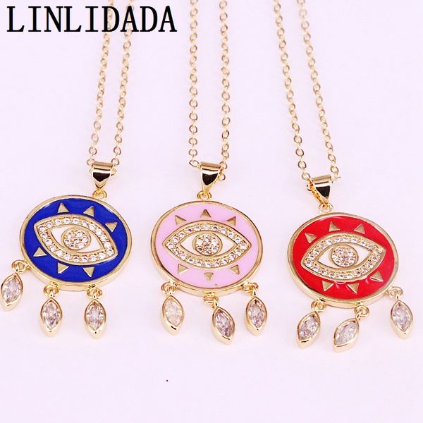 

8pcs fashion new gold color chain jewelry enamel round micro pave cz cubic zircon eyes pendant necklaces for women gift, Silver