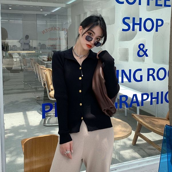 

early gentle iw0kh autumn sweater slim collar polo women's coat new crotch long-sleeved knitted coat thin sweater shirt cardigan shirt, Black