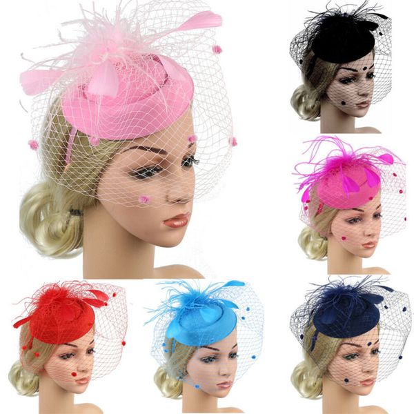 

2020 fashion wedding party net veil headband hat costume feather bridal mesh hair cap, Blue;gray