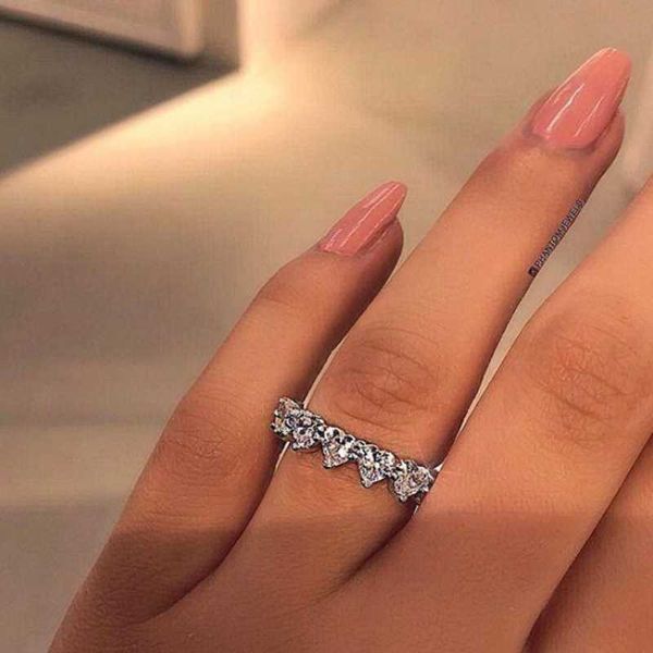 

cluster rings women's fashion jewelry cute 925 sterling silver white clear 5a cubic zirconia eternity female wedding band heart ring gi, Golden;silver
