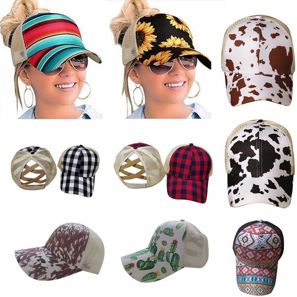 

new sunflower ponytail baseball cap 16 styles criss cross washed cotton ball cap plaid cactus high messy buns hats dda551, Blue;gray