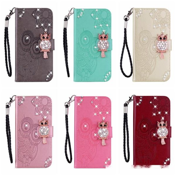 

for samsung s20 ultra a01 a21 a10s a20s a51 a71 huawei mate 30 pro diamond owl leather wallet case imprint flower lace slot flip cover bling