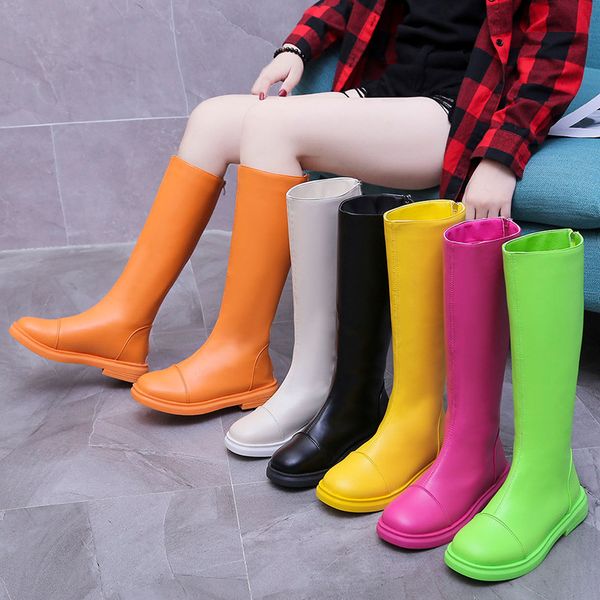 

long boots women knee high boots flat pu leather fashion candy-colored zip shoes woman beige black orange yellow