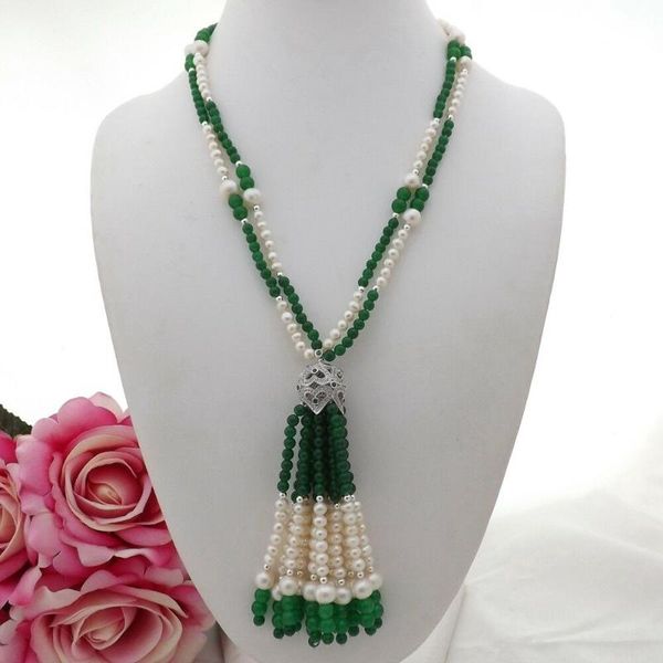 

charming 2strands green stone white freshwater pearl necklace micro inlay zircon accessories stone tassel pendant long 53 cm, Silver