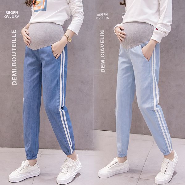 

2020 early autumn maternity pants high waist side striped cotton thin pregnant women capri-pants sweatpants women 2095, White