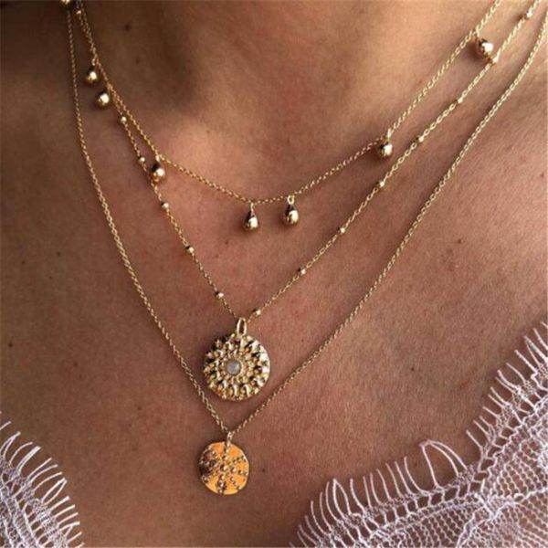 

new fashion trend jewelry copper zinc alloy round rhinestone pendant necklace multi-layer necklace female bohemian gift, Golden;silver