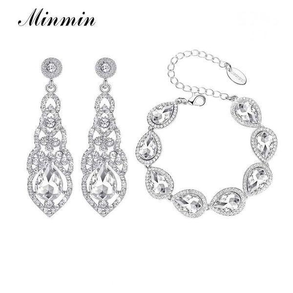 

minmin silver color luxury crystal wedding earrings bracelet set for women teardrop shape bridal jewelry set female meh444+sl051