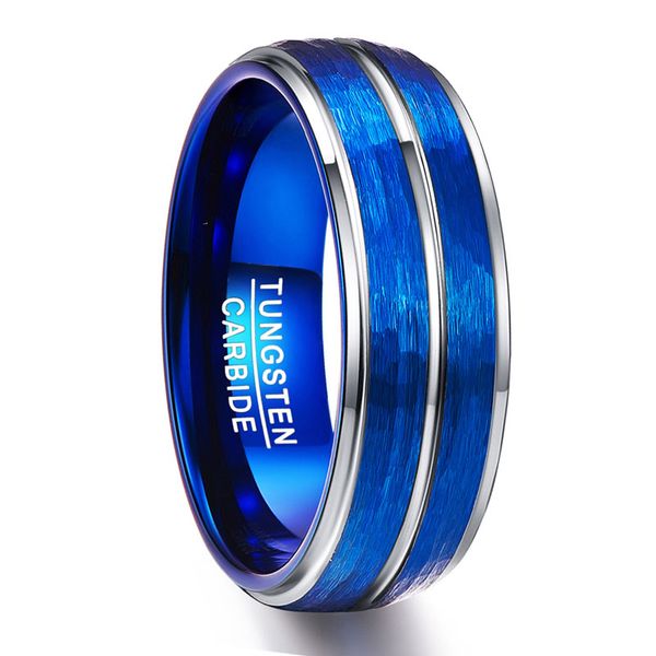 

nuncad men's polished grooved tungsten carbide rings 8mm blue brushed hammered wedding bands step size 7-12, Silver