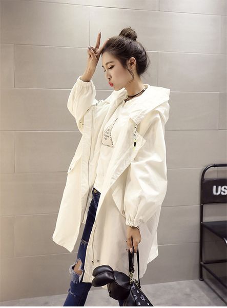 

y trench coat korean style hoodie drawstring waist loose coat for students, Black;white