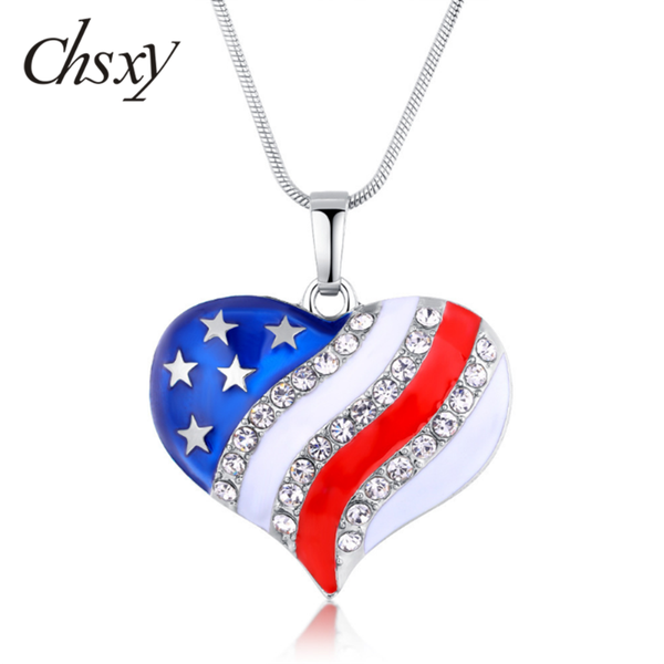 

chsxy american flag heart with zircon crystal necklace fashion snake chains blue red color necklace pendant women men jewelry, Silver