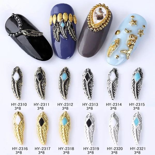 

nail art decorations 20pcs charm 3d feather metal flat-back shiny alloy jewelry manicure design books accessory, Silver;gold