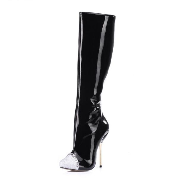 

chmile chau black party shoes women stiletto high iron heels cap-toe chain ladies knee-high boots zapatos mujer 3845bt-b2