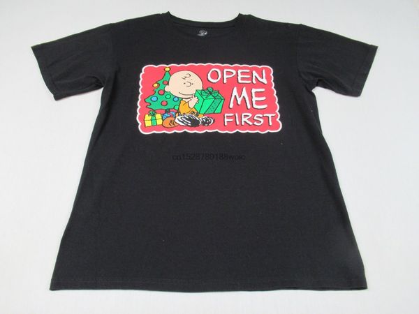 

peanuts charlie brown christmas present open me first black medium t shirt j291