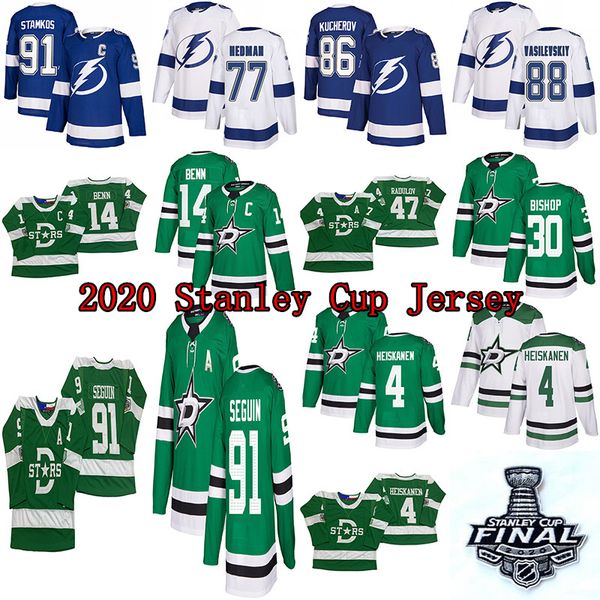 

2020 stanley cup jersey dallas stars 91 seguin 14 benn 47 radulov 4 heiskanen tampa bay lightning 91 stamkos 86 kucherov 77 hedman, Black;red