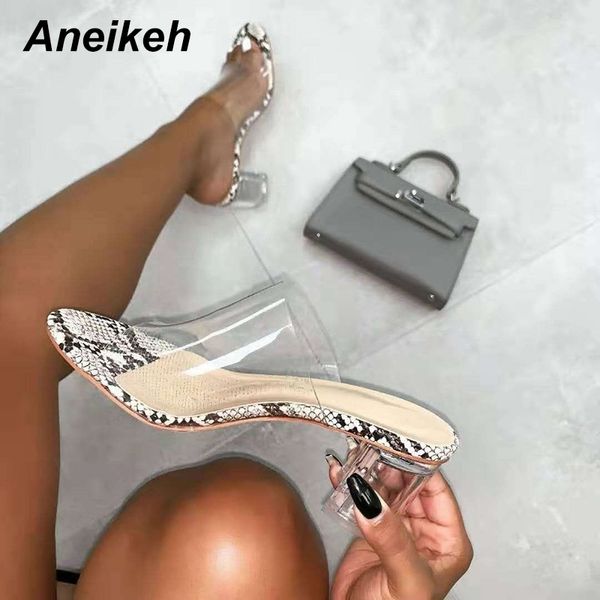 

aneikeh 2020 summer pvc serpentine sandals fashion women heeled peep toe 5cm perspex heel high heels sandals lady slingback shoe y200620, Black
