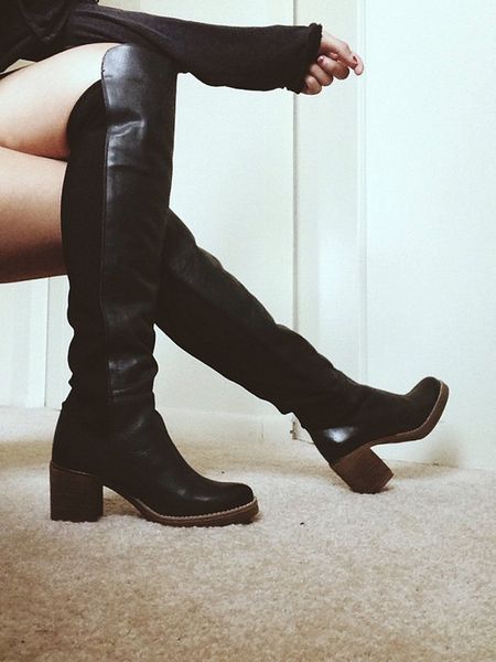 

boots spring fashion dark blue leather women slip on knight wood chunky heel ladies knee high 2021 long size 42, Black