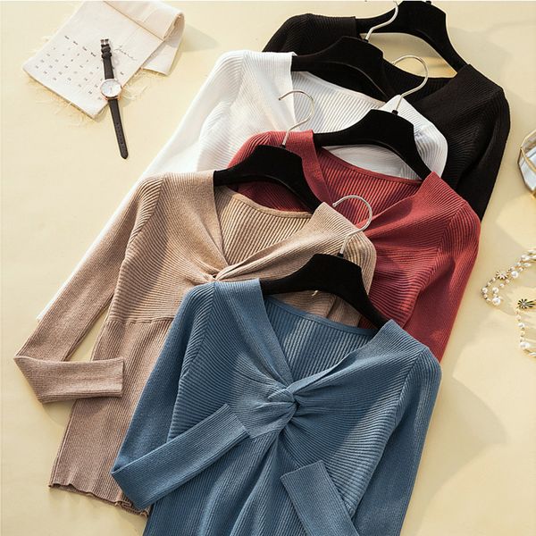 

2020 knitting pullover fashion autumn winter sweater women chic pink v-neck knit slim jumper pull femme, White;black