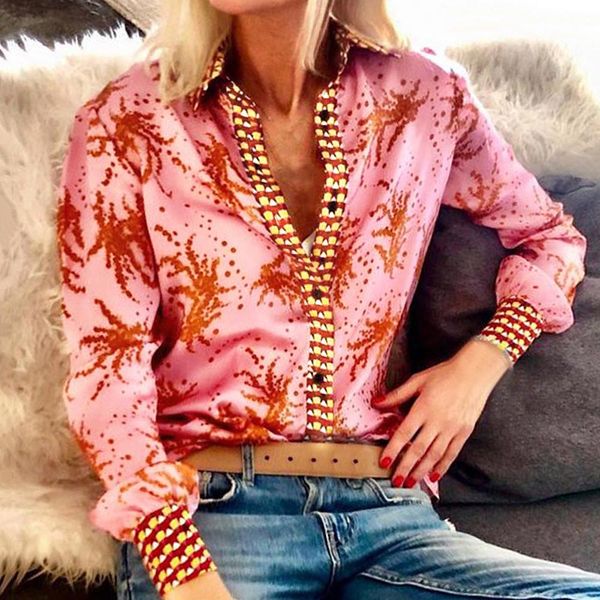 

fashion printed suit collar long sleeve blouse shirt, White