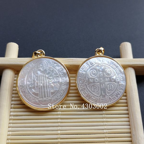 

pendant necklaces 100pcs/lot natural round cross & san benito mother of pearl shell mop charms for necklace, Silver