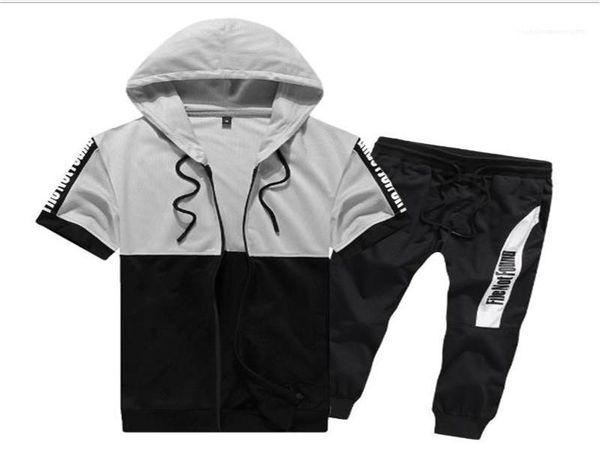 

sports fashion mens designer tracksuits two piece hooded short sleeve set contrast color t-shirt letter printed capris, Gray