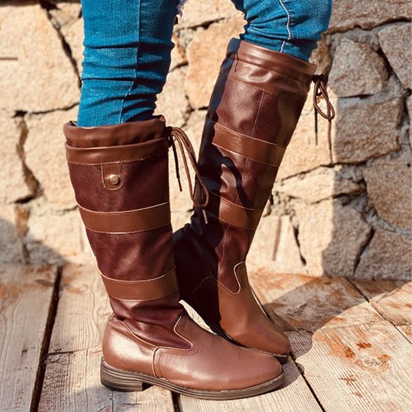 

pu leather women knee high boots lace up low heels western riding long boots autumn winter platform vintage ladies shoes, Black