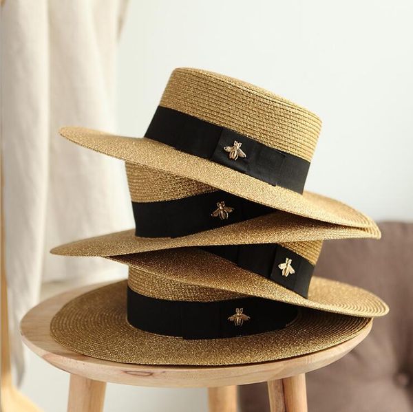

wide brim hats sun small bee straw hat european and american retro gold braided female loose sunscreen sunshade flat cap visors, Blue;gray