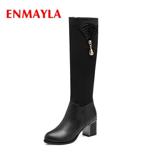 

boots enmayla 2021 fashion women pointed toe square heel zip knee high lady solid zyl523, Black