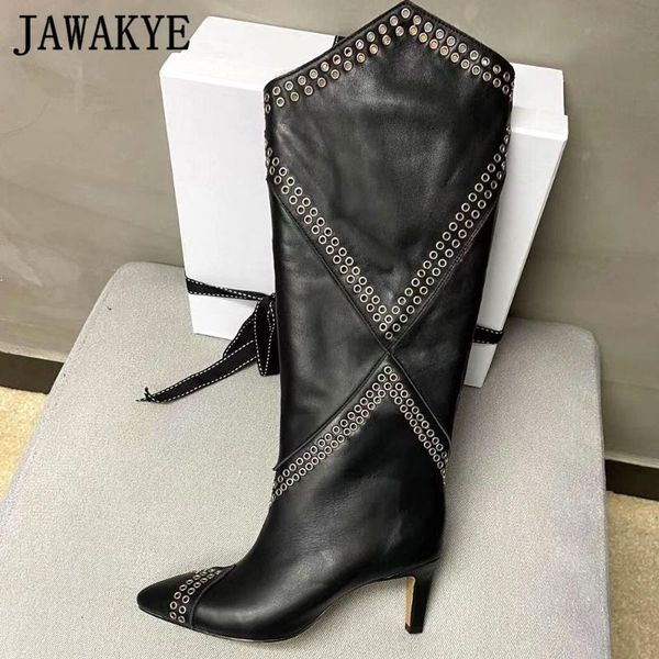 

jawakye studded black knee high boots women pointy toe kitten high heels winter shoes woman snow boots knight botas mujer