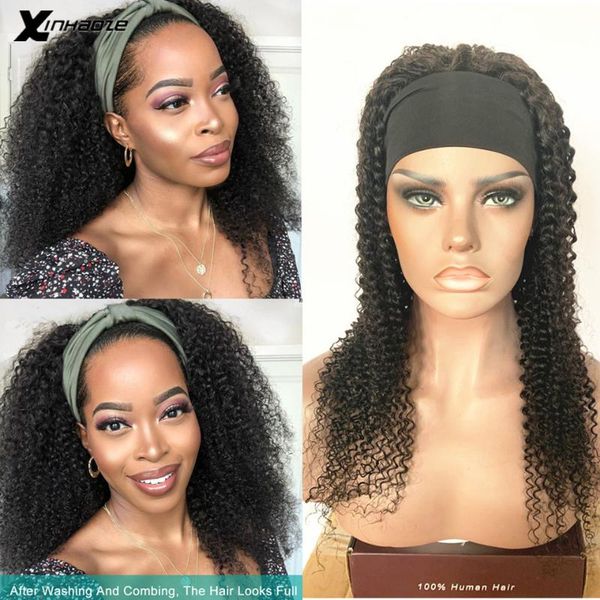

kinky curly headband human hair wigs beginner friendly peruvian remy hair scarf wig for women no glue with combs xinhaoze, Black;brown