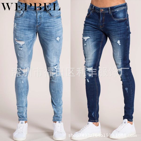 

men's jeans wepbel fashion casual ripped vintage holes in denim long pants locomotive slim pencil, Blue