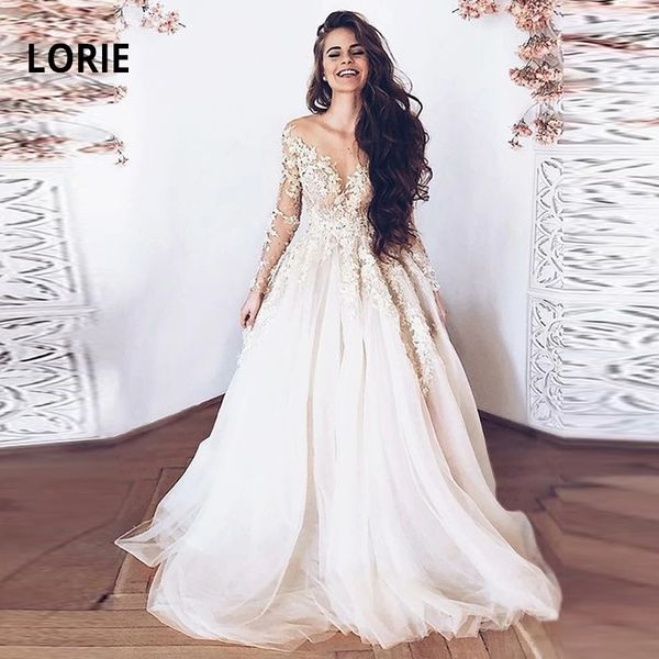 

LORIE Elegant Lace Wedding Gowns for Bride Long Sleeve Appliqued Soft Tulle Back Illusion Beach Wedding Dress Boho Plus Size, Custom color