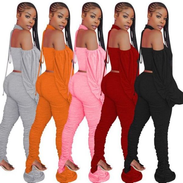 

women jumpsuit fashion off shoulder slim neck halter pleated split pants bubble long sleeve backless ladies new rompers j968, Gray