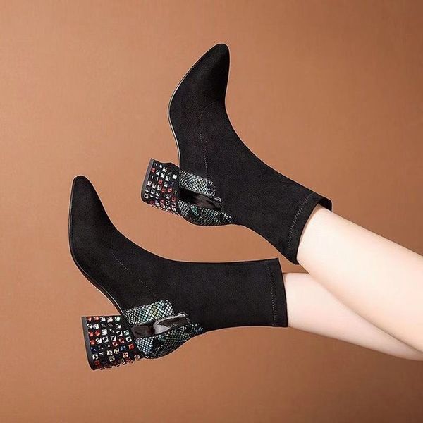 

crystal slip on fashion short boots women autumn pointed toe suede ankle boots for women 2020 thick heels pumps high heels, Black