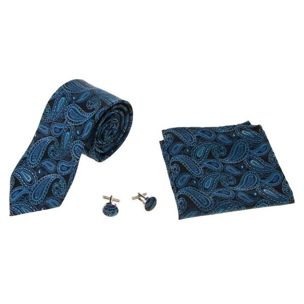 

3 pieces vintage men's party accessories paisley necktie pocket square cufflink, Black;gray