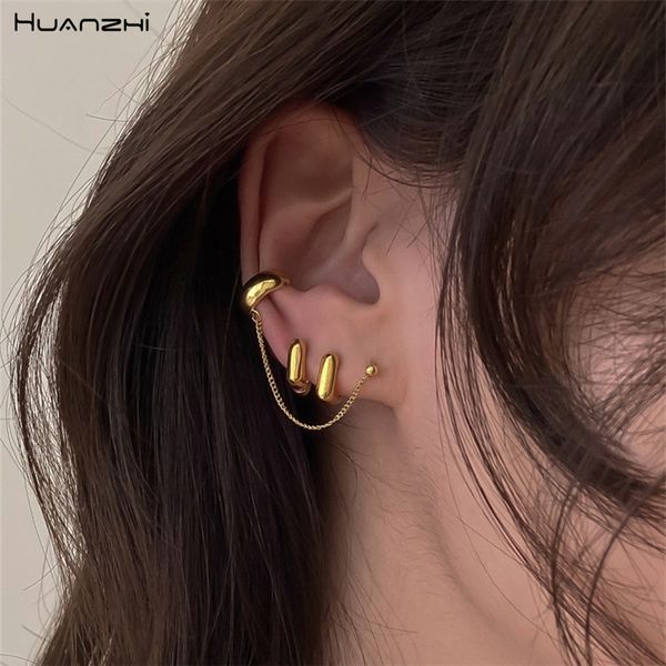 

huanzhi 2020 new simplicity geometry square ear clip metal ear ring gold color chain earring for woman girls accessories, Golden;silver