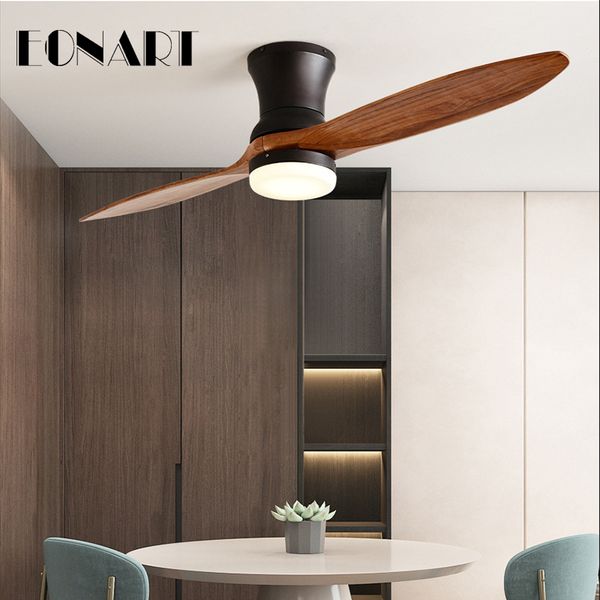 

52 inch simple roof ceiling with remote control solid wood retro decorative ceiling fan lamp ac 220v motor with led lamp