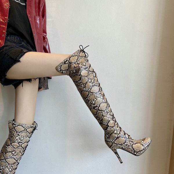 

high heels boots women over the knee boots ladies lace up snake print leather black patent leather nightclub ladies