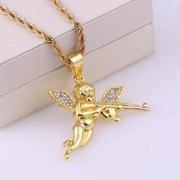 

pendant necklaces 2021 trend hip hop for women iced out necklace men's jewelry angel zircon gold snake chain charm accessories, Silver