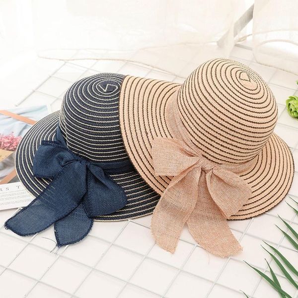 

summer handmade weave bow sun hats for women bow ribbon solid color stripe large brim straw hat outdoor beach hat, Blue;gray