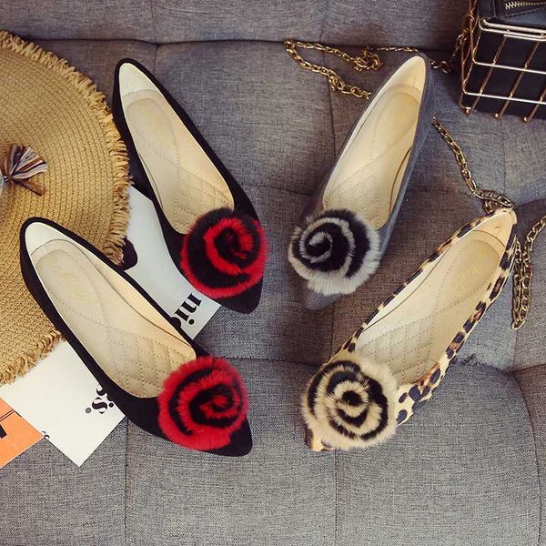 

furry rose flower women boat shoes pointed toe leopard flats single shoes 2020 spring lazy slip on loafers plus size espadrilles, Black