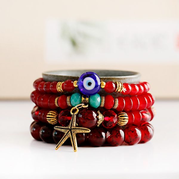 

beaded, strands bohemian starfish charm multi layered bracelets set for women summer vintage stone beads jewelry pulseira gift, Black