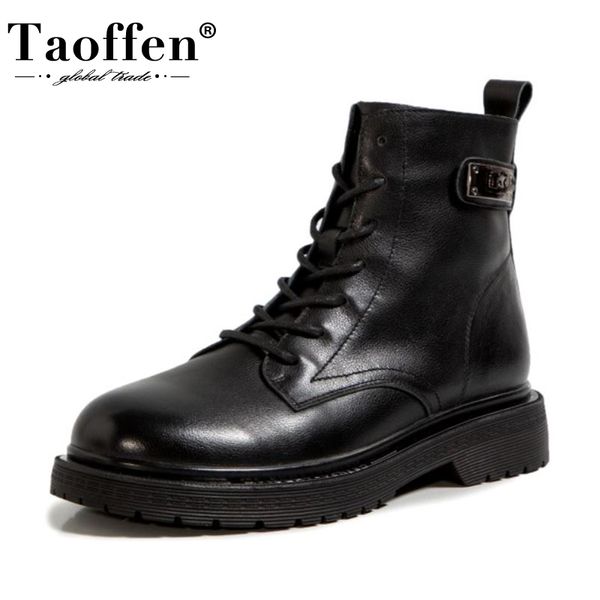 

taoffen real leather women ankle boots metal buckle cross strap zipper flats shoes warm boots women party footwear size 34-39, Black
