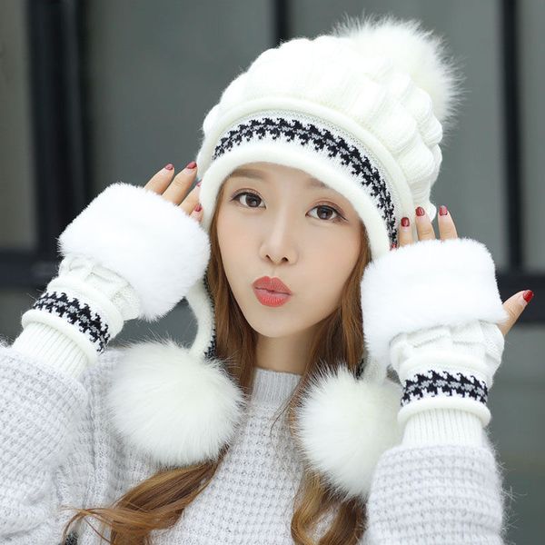 

fashion winter thicken ski snow cap hat fur pompoms women beanie hats female skullies warm gloves + knit hat set, Blue;gray