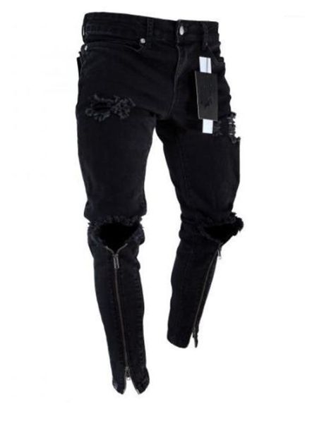 

zipper panelled mens pencil pants casual zipper fly males clothing hole men designer jeans fashion skinny, Blue